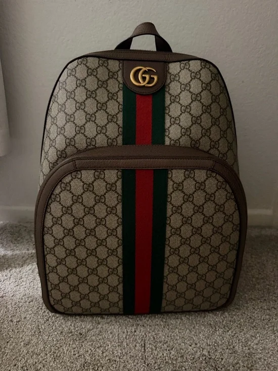 Gucci Beige GG Supreme Canvas Backpack with Red & Green Web and Brown Trim - Picture 1 of 11